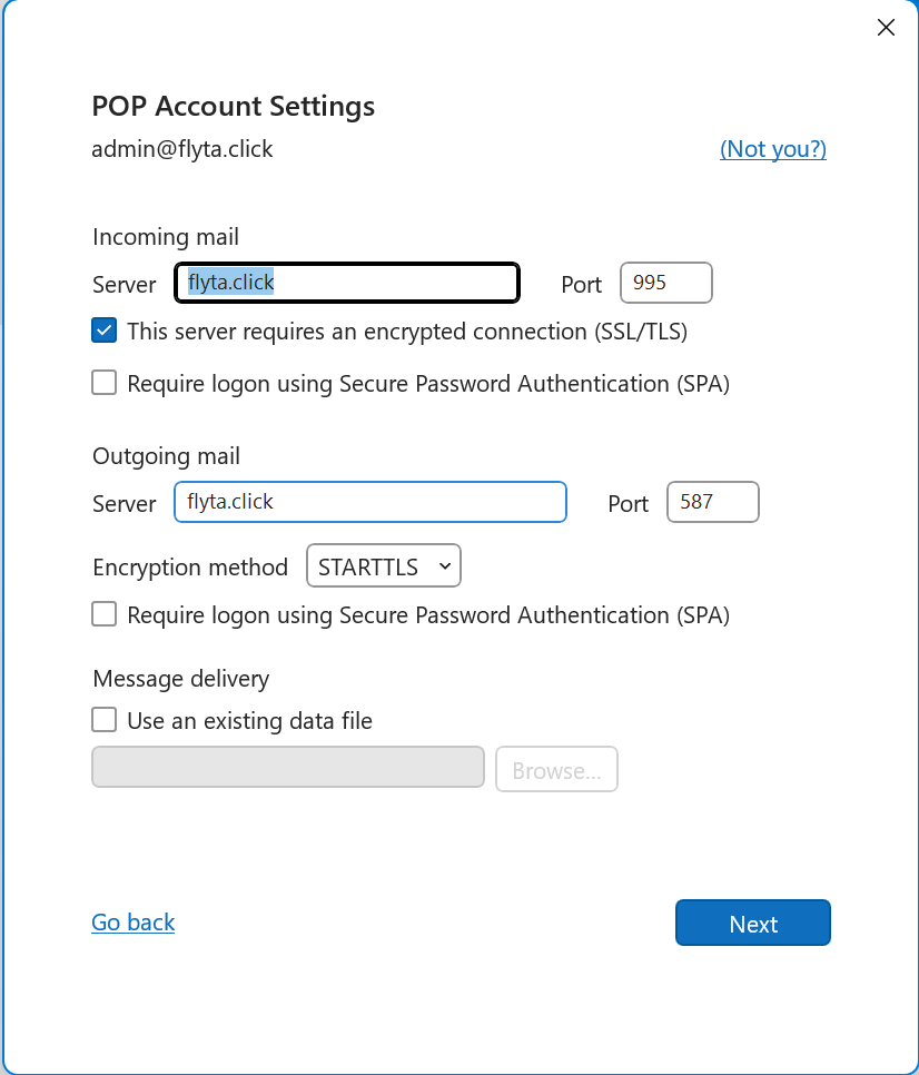 Email client settings to connect with Floating Cloud Postfix Server